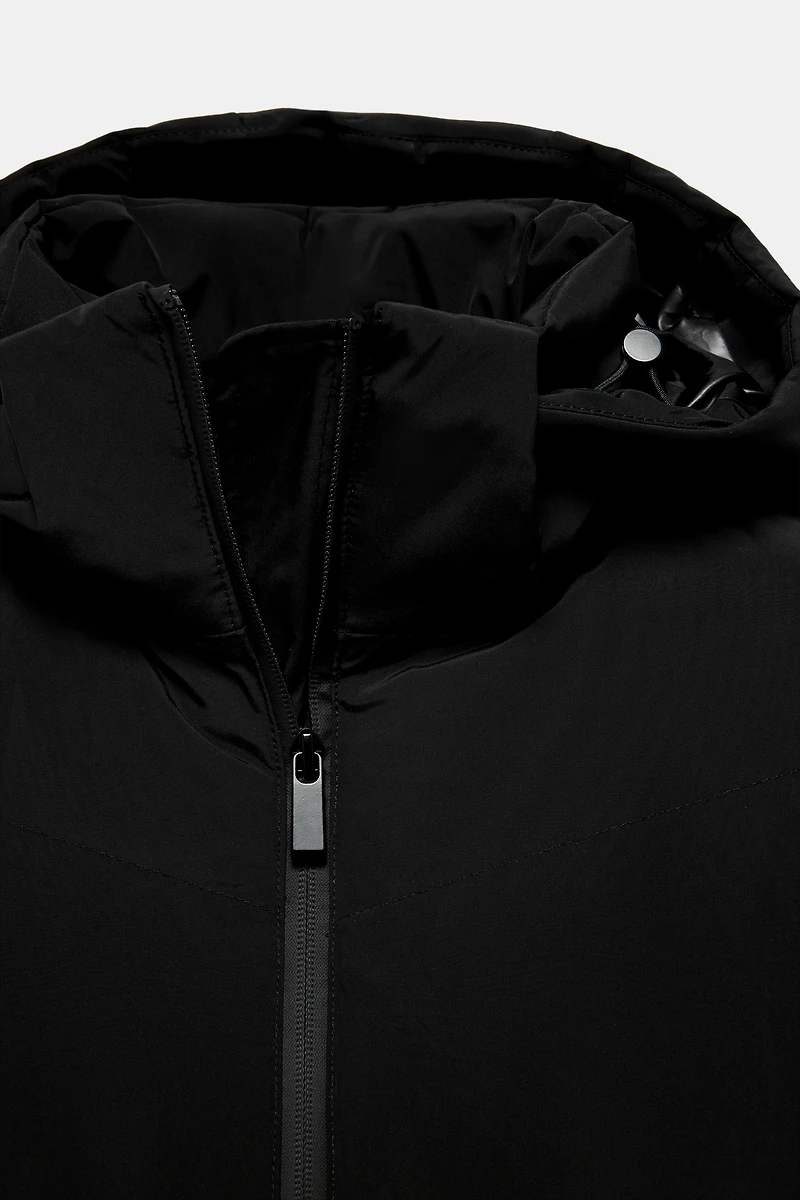 LONG WATER REPELLENT WINDPROOF HOODED DOWN COAT