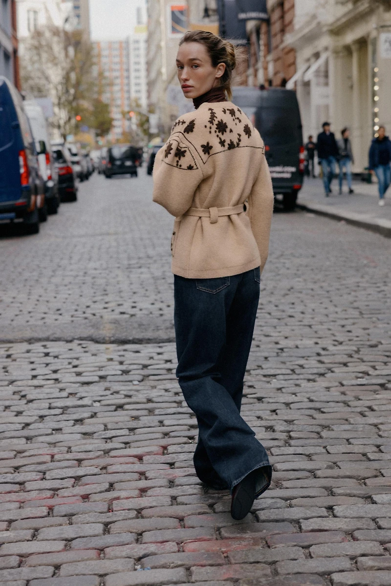 WOOL BLEND JACKET WITH EMBROIDERED FLOWERS AND BELT