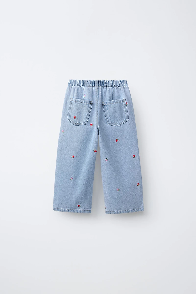 EMBROIDERED STRAWBERRY WIDE LEG JEANS