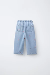 EMBROIDERED STRAWBERRY WIDE LEG JEANS