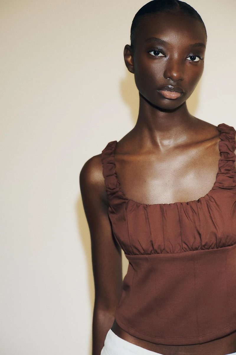 MIXED INTERLOCK POPLIN TOP