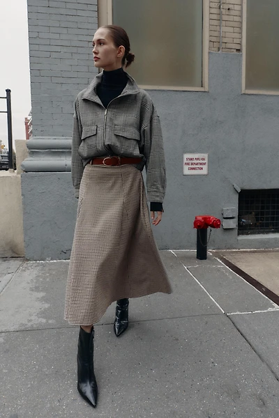 HOUNDSTOOTH BELTED CAPE MIDI SKIRT