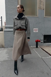 HOUNDSTOOTH BELTED CAPE MIDI SKIRT