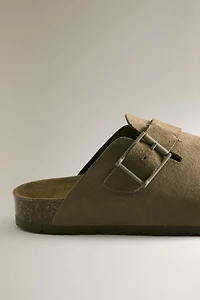 LEATHER MULE CLOG SLIPPERS WITH BUCKLE AND TOPSTITCHING DETAIL