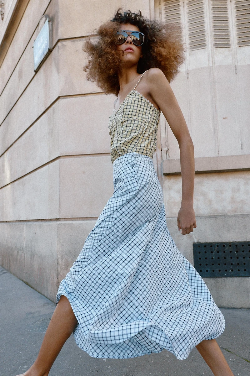 ASYMMETRIC PLAID MIDI SKIRT