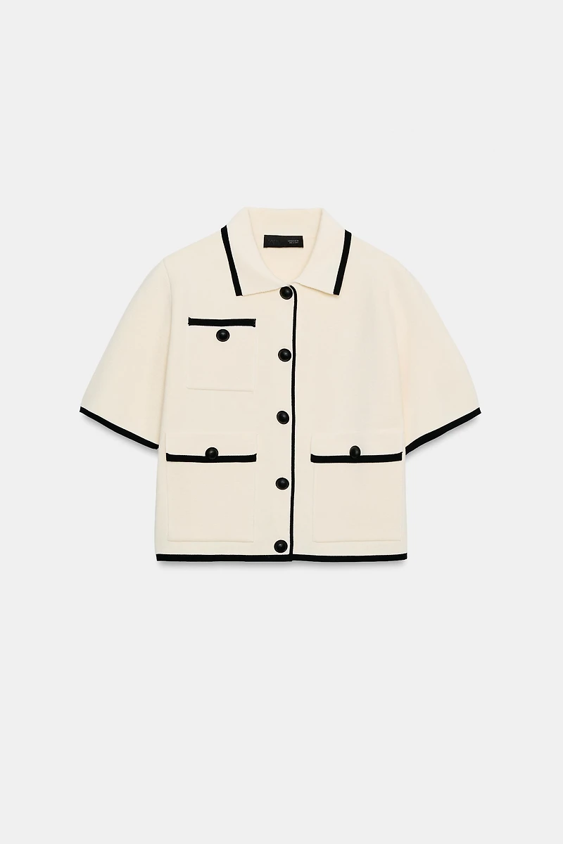 SHORT SLEEVE CONTRAST TRIM CARDIGAN