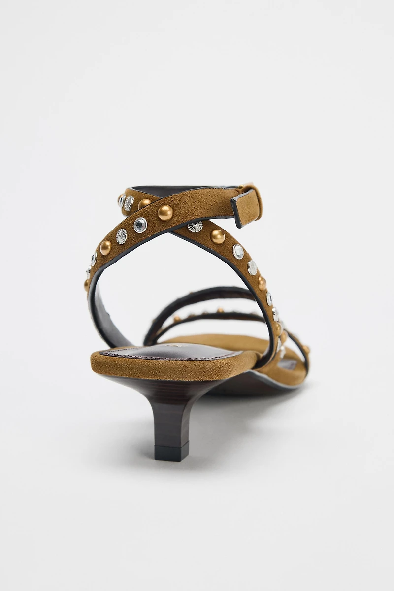 SPLIT LEATHER STUDDED KITTEN SANDAL