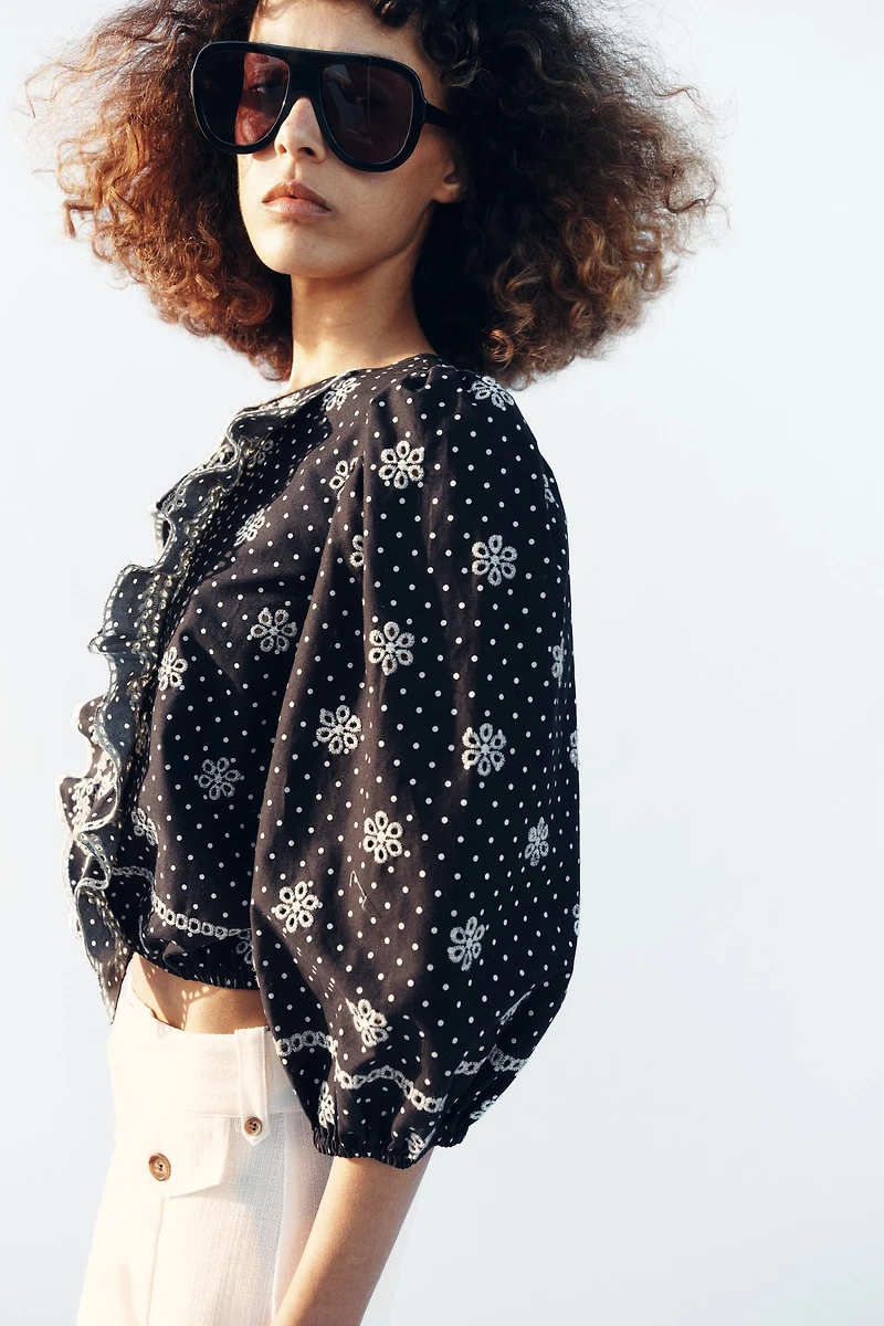 EMBROIDERED PERFORATED POLKA DOT BLOUSE
