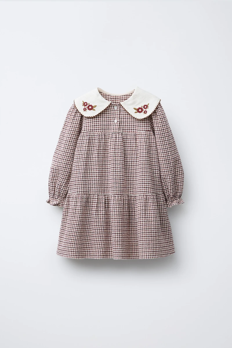 EMBROIDERED COLLAR PLAID TEXTURED DRESS