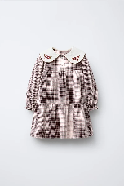 EMBROIDERED COLLAR PLAID TEXTURED DRESS