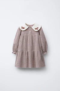 EMBROIDERED COLLAR PLAID TEXTURED DRESS