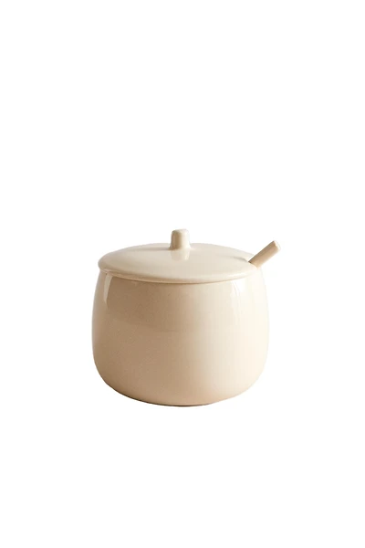 PLAIN STONEWARE SUGAR BOWL WITH SPOON