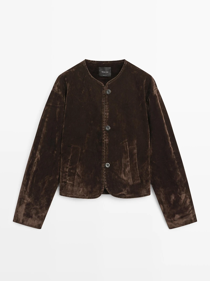 Short denim jacket with flocked finish