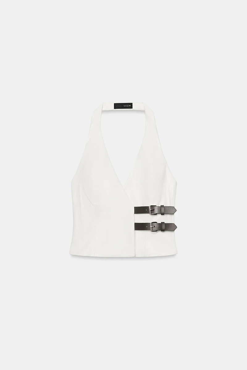 FAUX LEATHER BUCKLE HALTER TOP