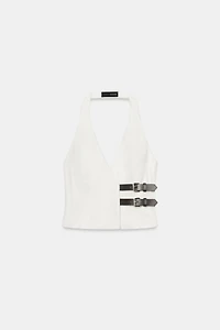 FAUX LEATHER BUCKLE HALTER TOP
