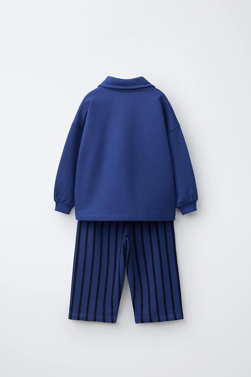 Striped Polo Sweatshirt and Wide-Leg Pants Set
