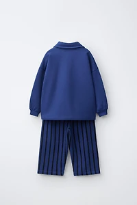 Striped Polo Sweatshirt and Wide-Leg Pants Set