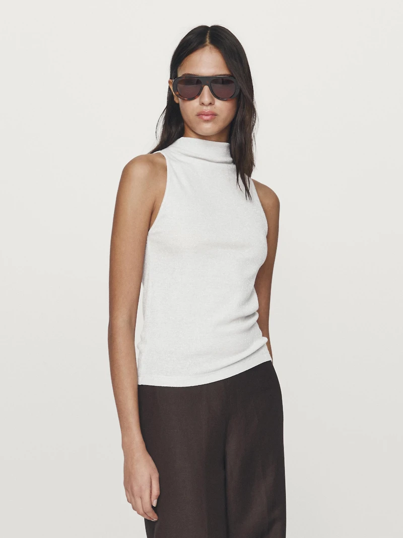 Top en maille à encolure américaine finition métallisée