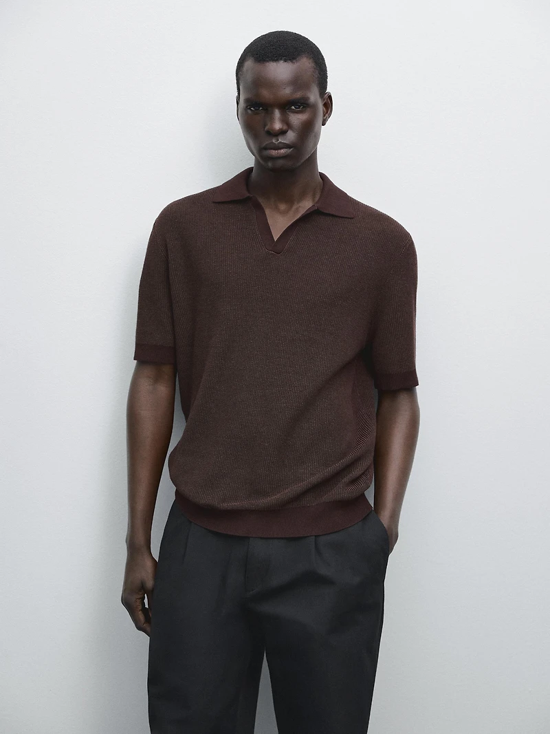 Cotton V-neck knit polo shirt
