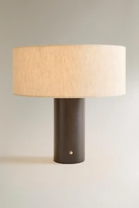 LARGE WOOD AND LINEN CORDLESS TABLE LAMP