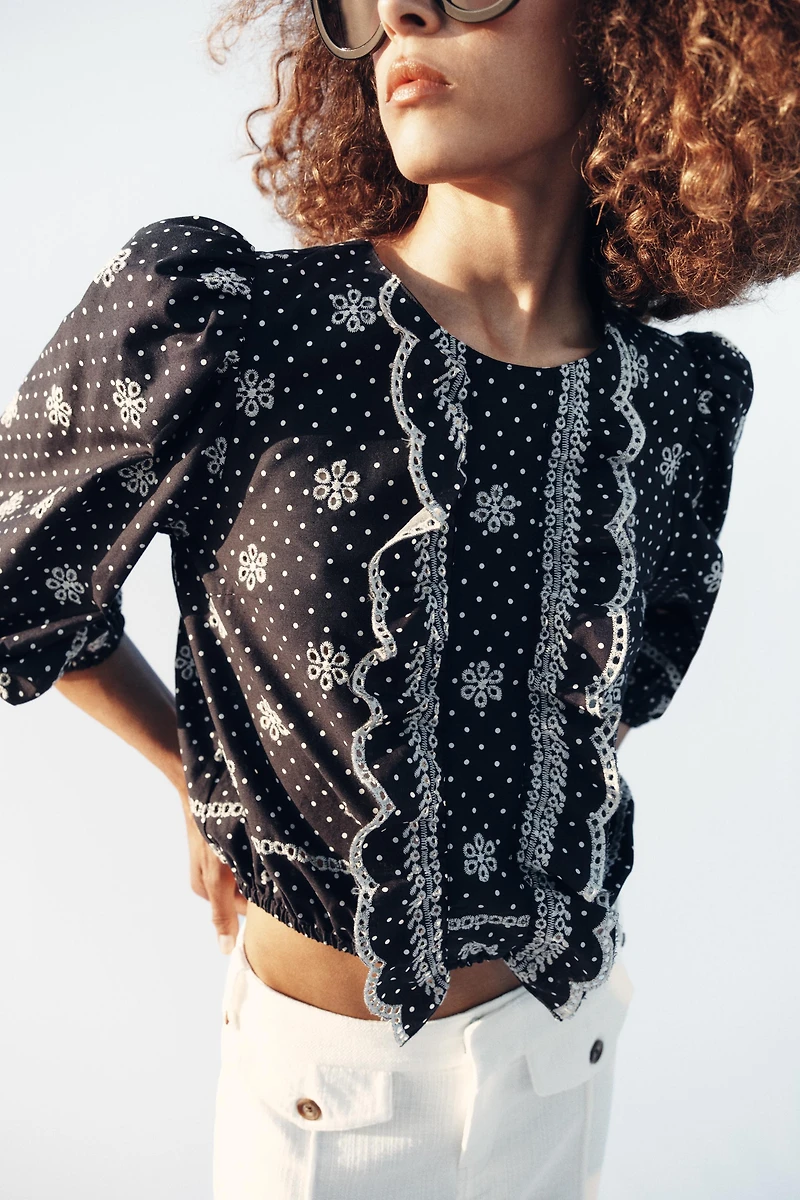 EMBROIDERED PERFORATED POLKA DOT BLOUSE