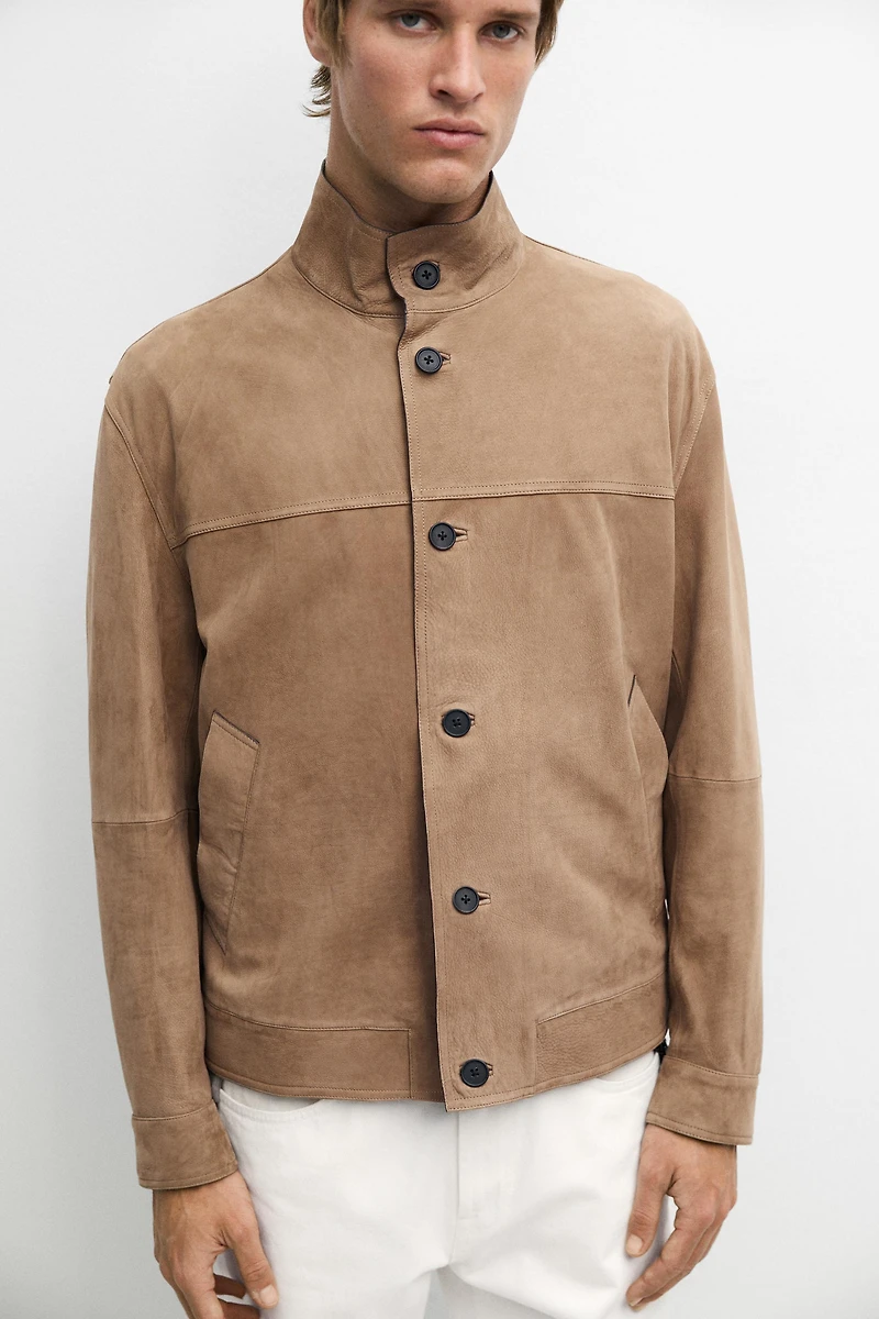 Nubuck leather stand-up collar jacket