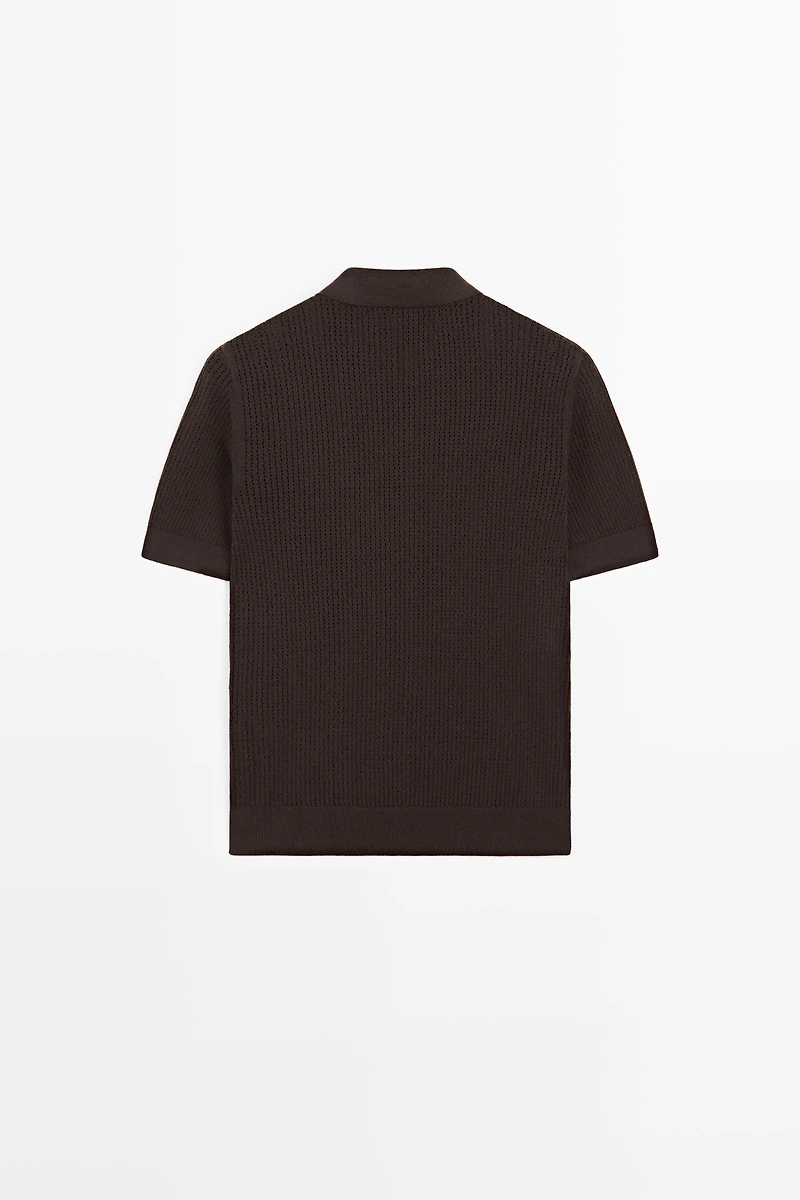 Cotton blend open-knit polo shirt