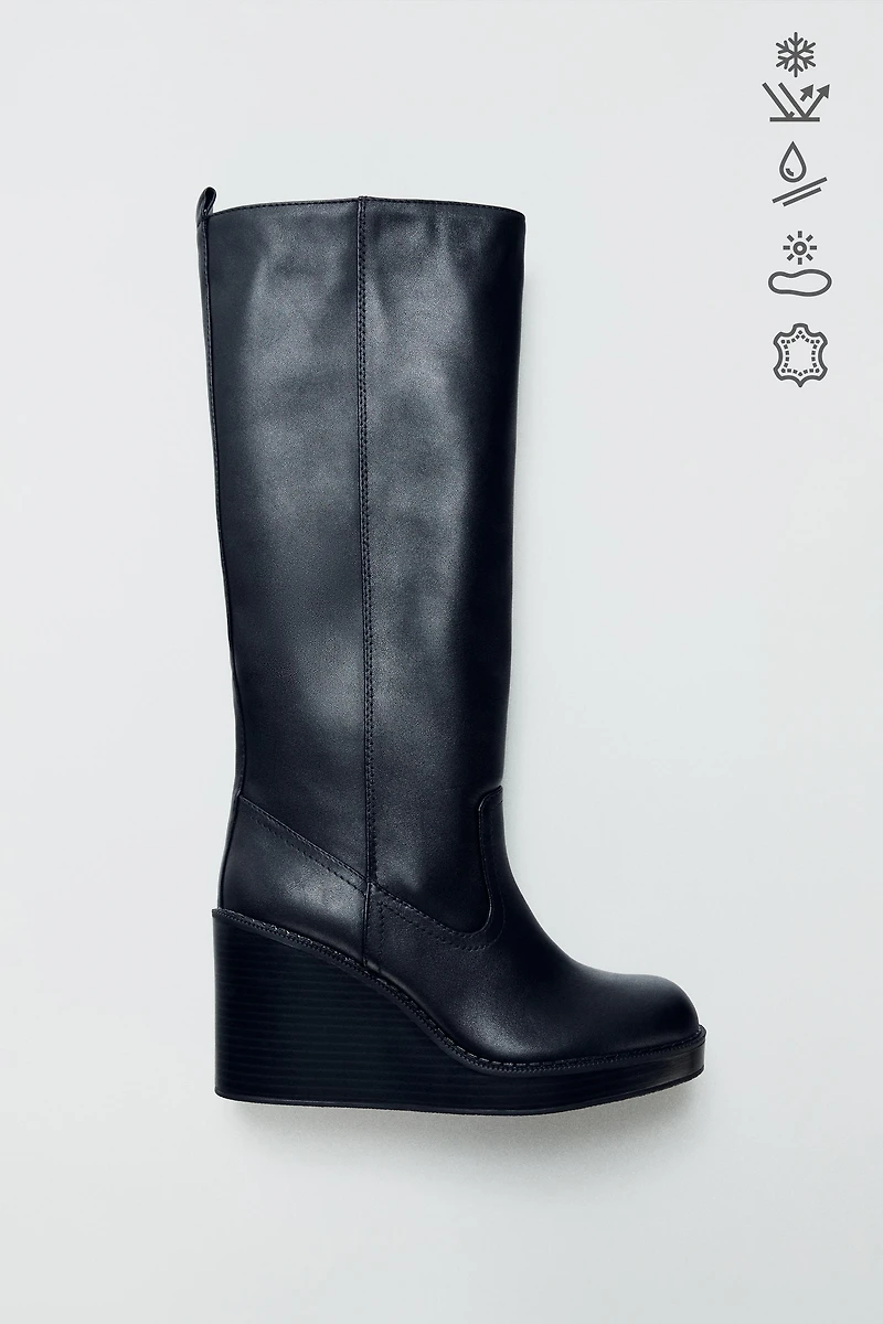 LEATHER WEDGE HEEL WATER REPELLENT BOOTS
