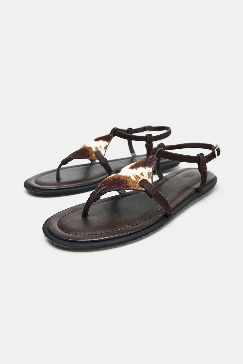 ANIMAL PRINT FURRY LEATHER SANDALS