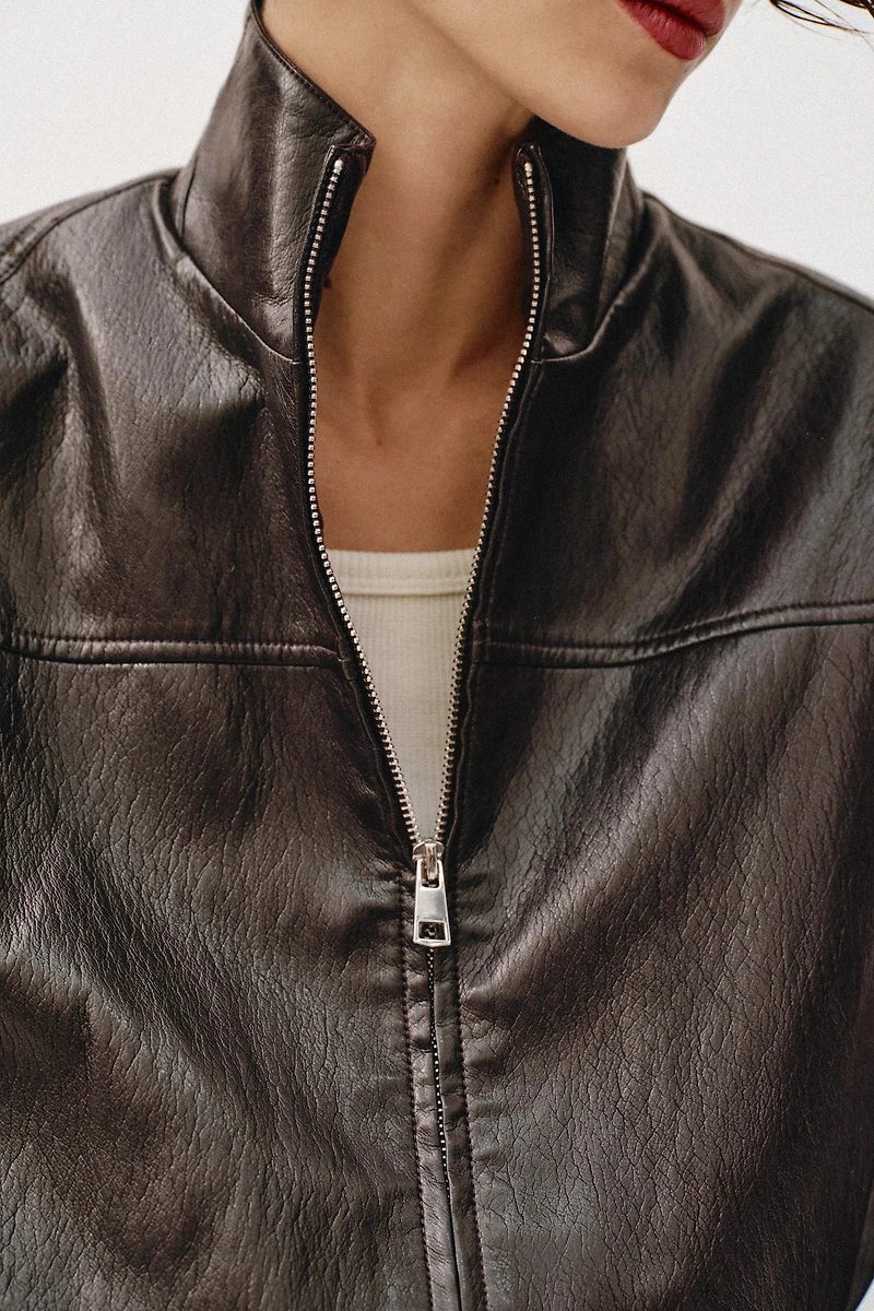 CROPPED FAUX LEATHER BOMBER JACKET
