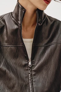 CROPPED FAUX LEATHER BOMBER JACKET