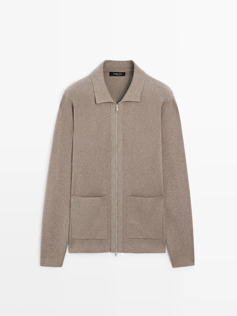 Zip-up knit cotton and wool blend cardigan with pockets