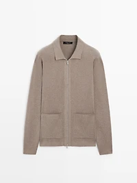 Zip-up knit cotton and wool blend cardigan with pockets