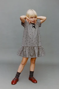 ROBE PIED-DE-POULE À POIS FLOQUÉS ET LACETS