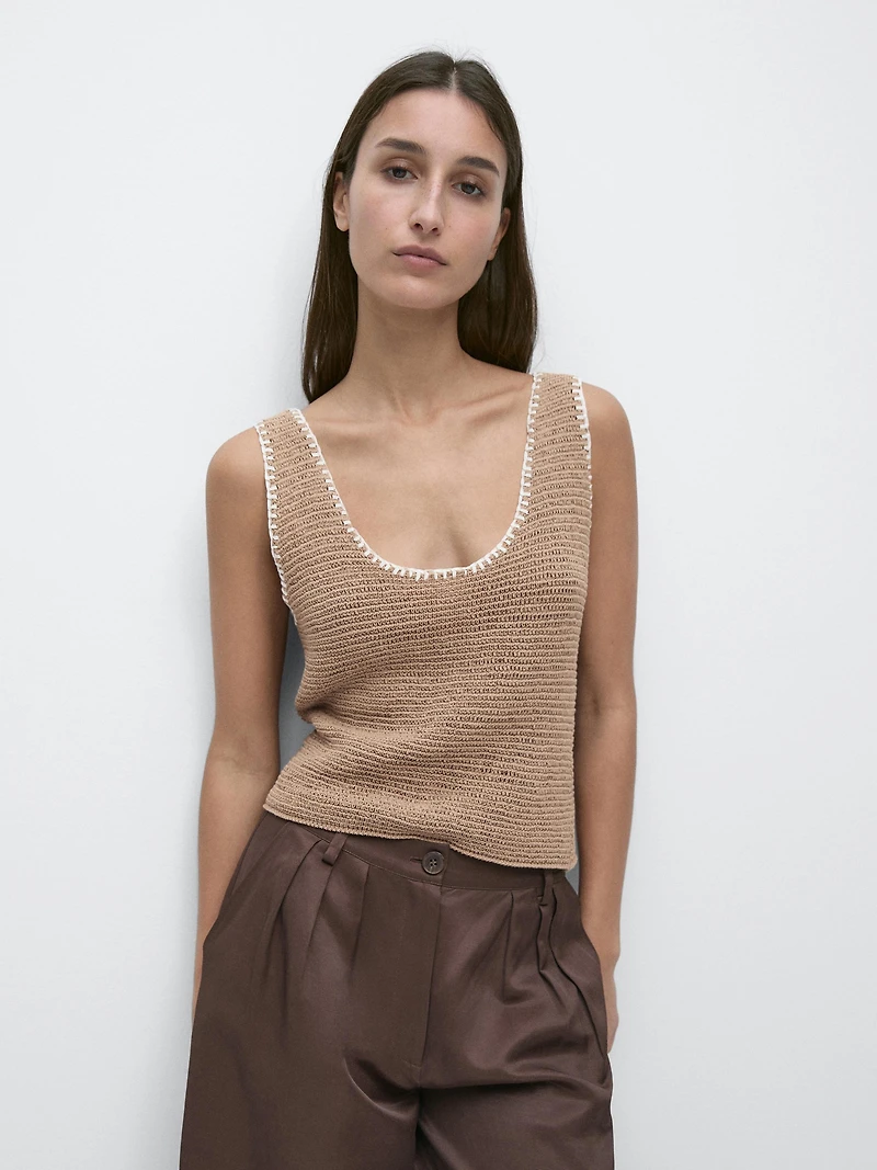 Contrast cotton blend knit top