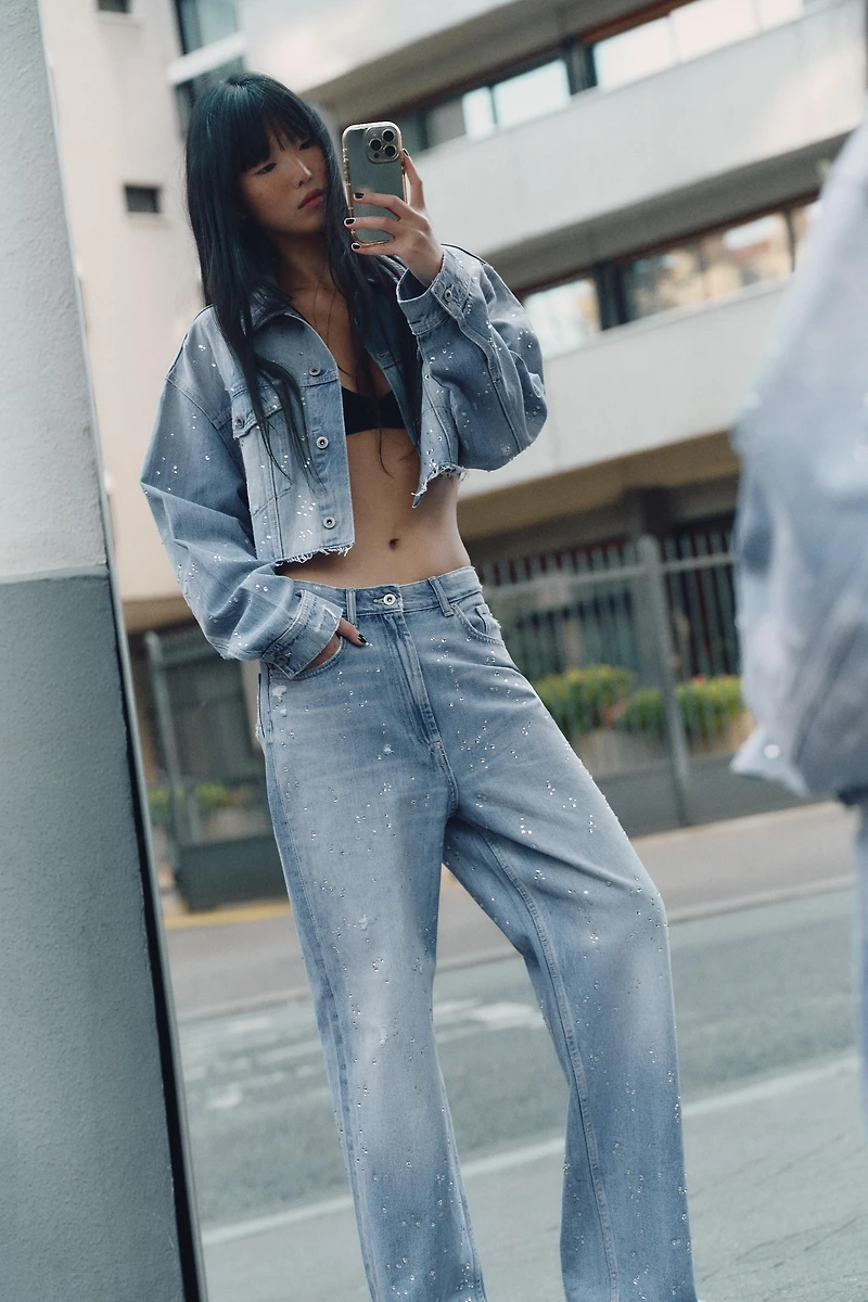 TRF HIGH-WAISTED STRAIGHT-LEG RHINESTONE JEANS