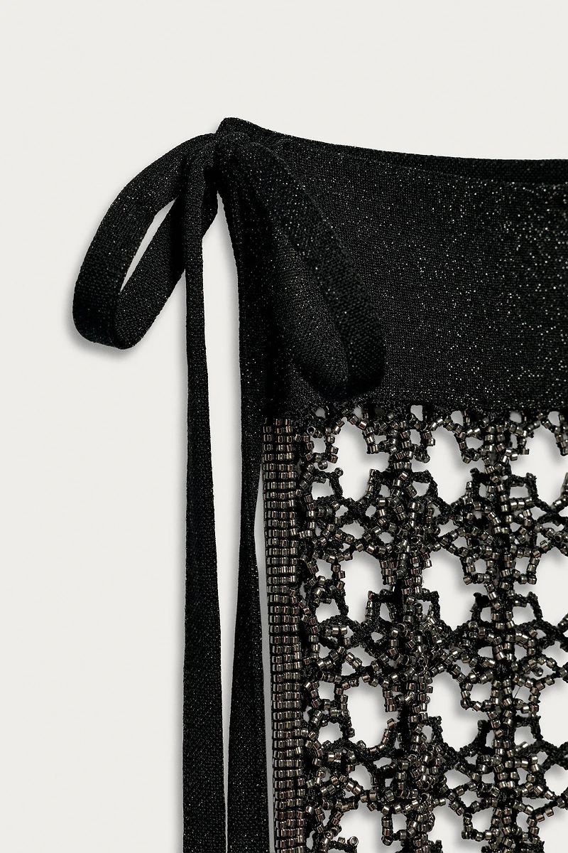 MARISA BERENSON X ZARA BEADED FRINGED OPENWORK PAREO