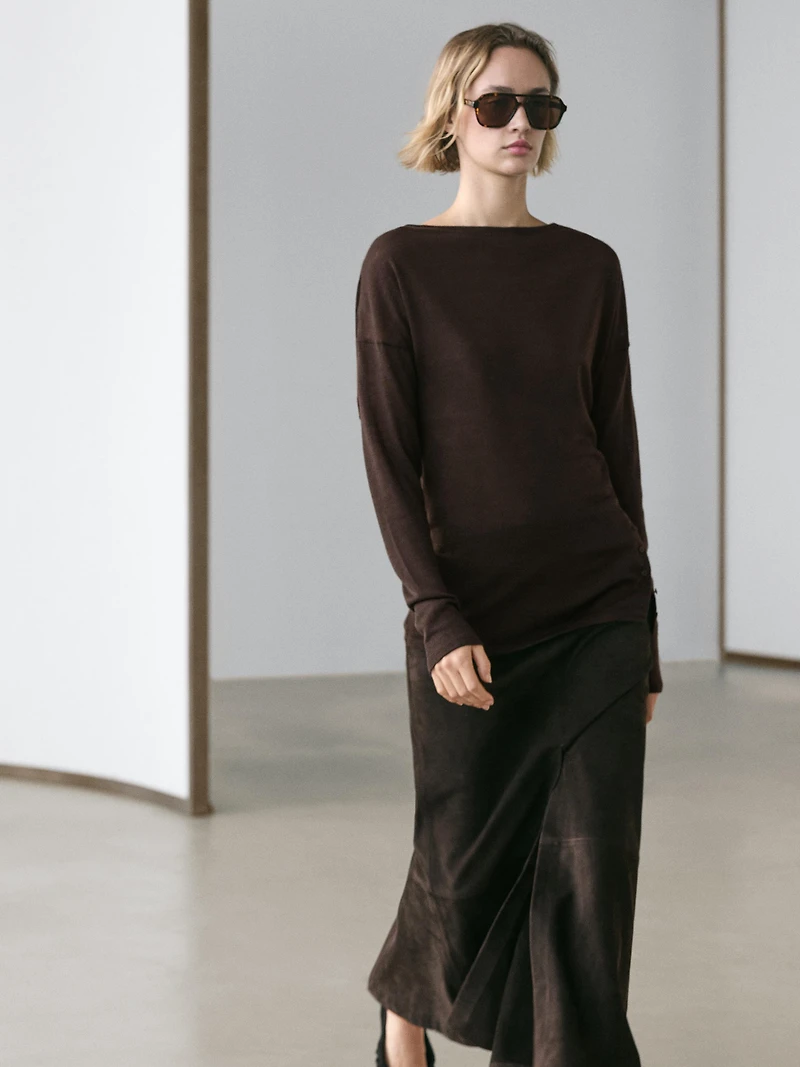 Draped wool blend top with batwing sleeves