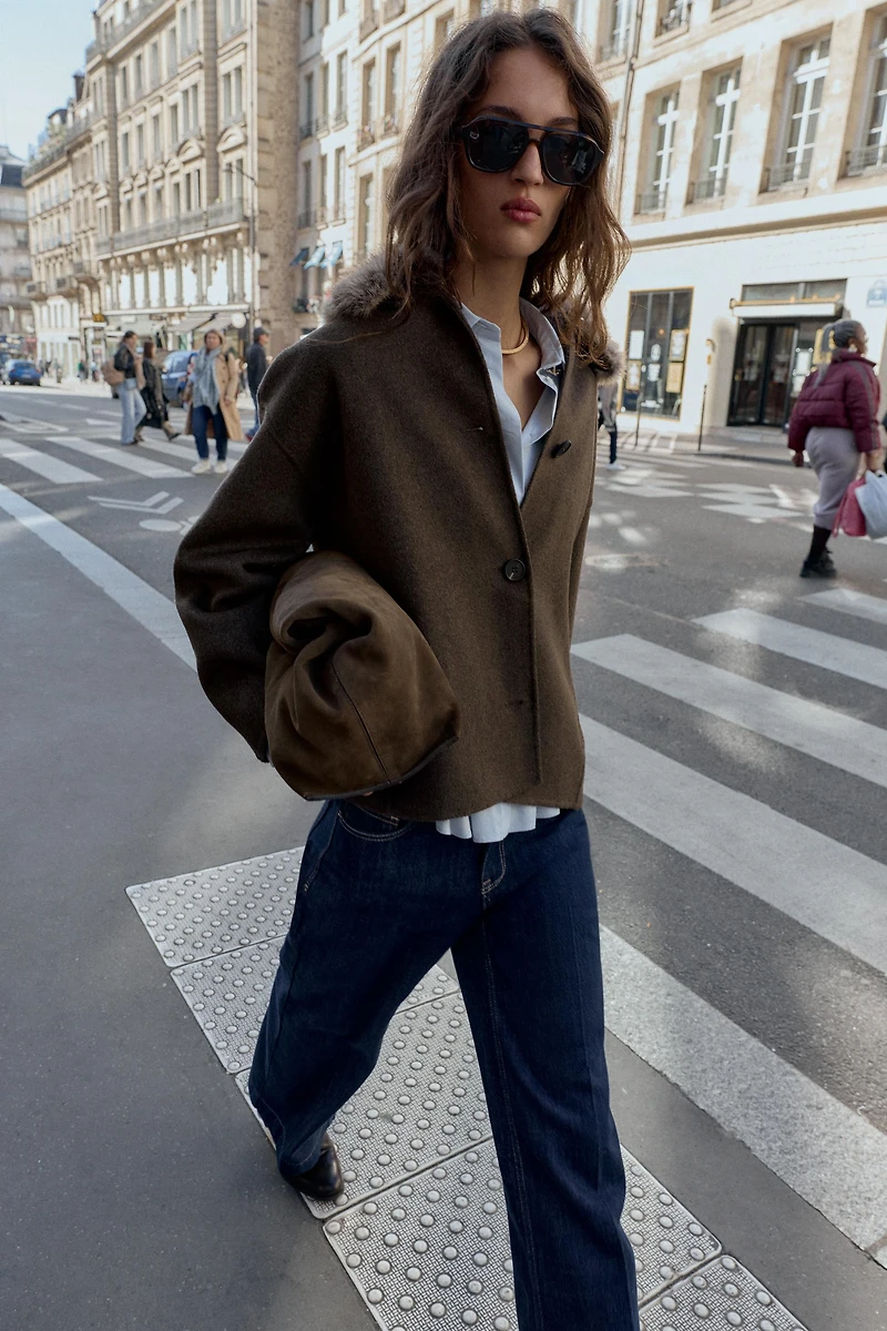 WOOL COAT WITH FAUX FUR COLLAR