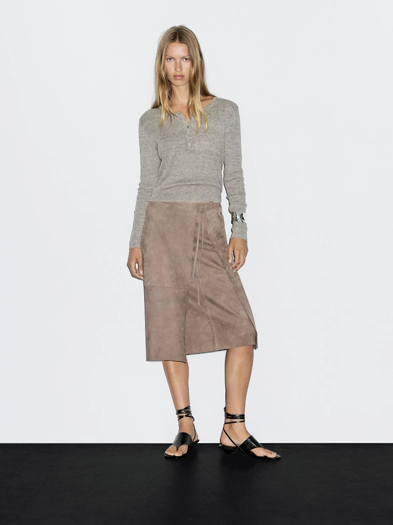 Suede leather wrap midi skirt