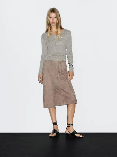 Suede leather wrap midi skirt