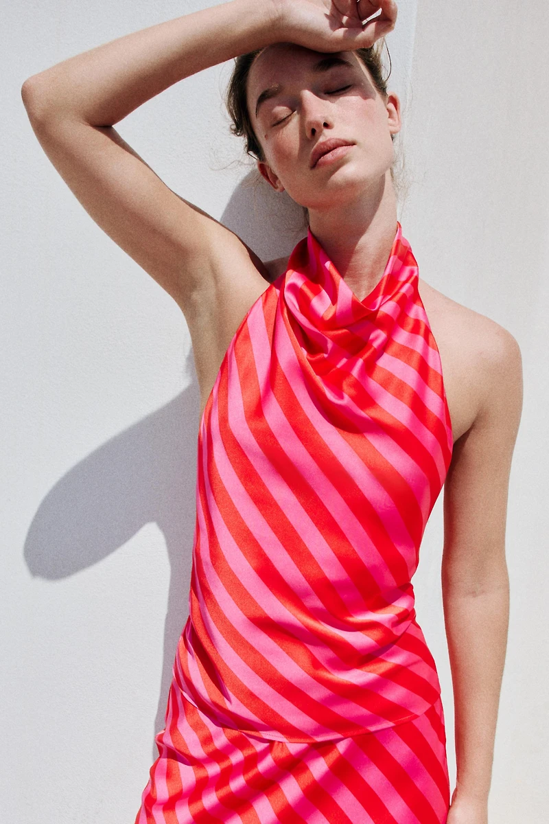 STRIPED SATIN HALTER TOP