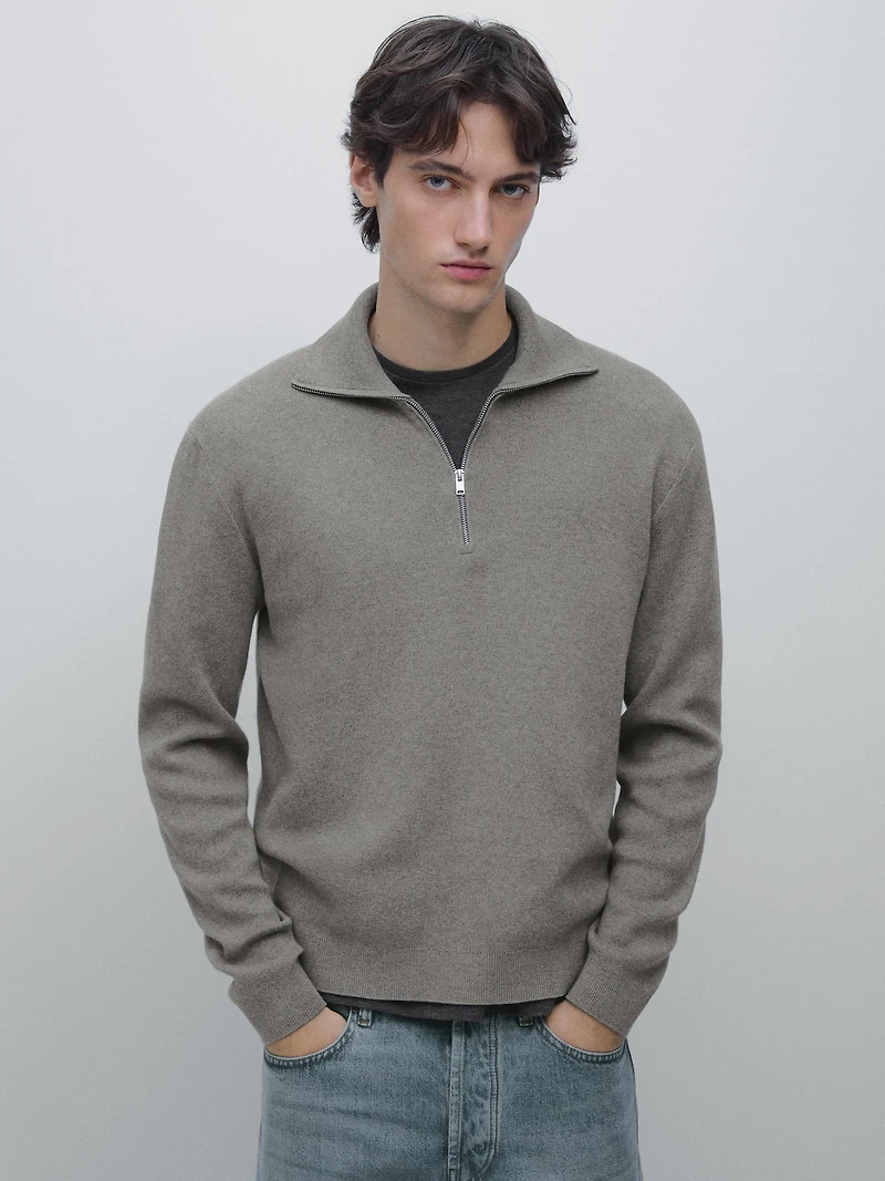 Cotton mock neck knit sweater with zip