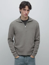 Cotton mock neck knit sweater with zip