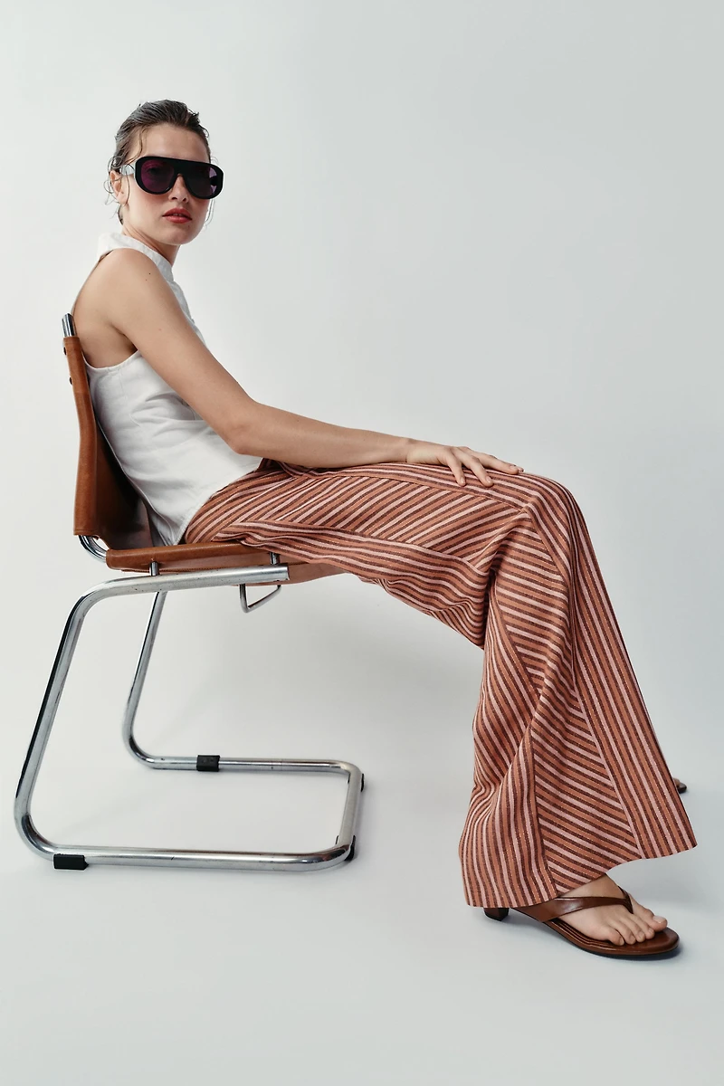 METALLIC THREAD STRIPED WIDE LEG PANTS