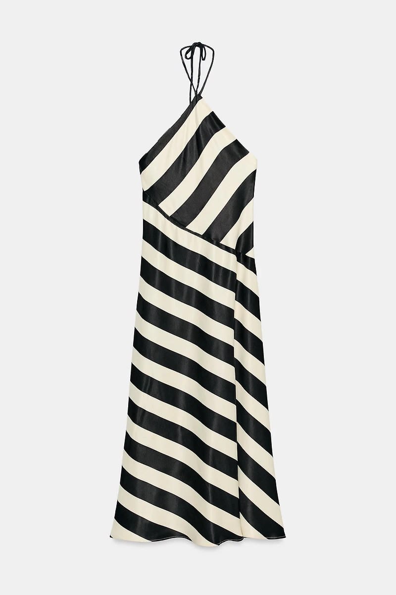 STRIPED MIDI HALTER DRESS