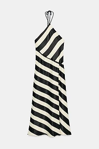 STRIPED MIDI HALTER DRESS