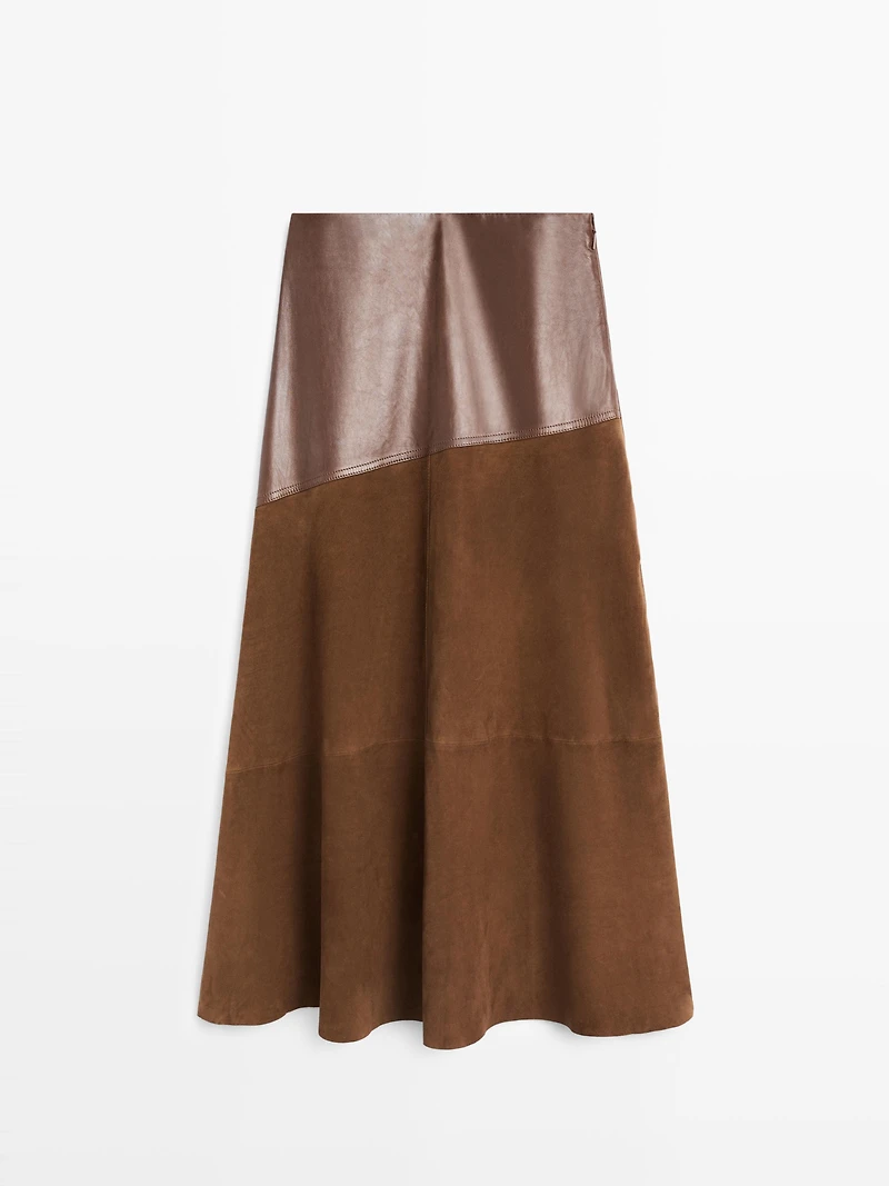 Jupe asymétrique en cuir nappa et daim avec empiècement