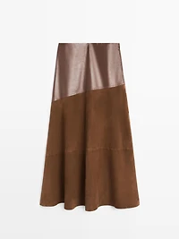 Jupe asymétrique en cuir nappa et daim avec empiècement