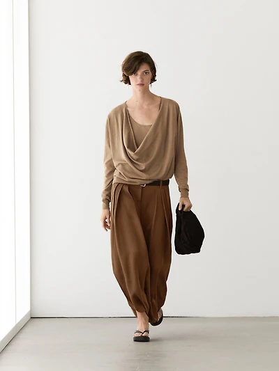 Cotton blend knit sweater with cowl neck